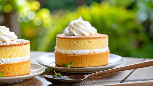Delicious layered sponge cakes with whipped cream and fresh garnish