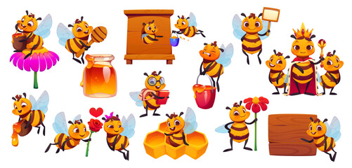 Obraz premium Cartoon cute honey bee characters and animal mascots set. Little student, worker and queen bee vector characters holding honey pot and stick, delivery flower nectar to beehive and showing sign boards