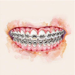 Watercolor Orthodontic Teeth and Gum with Braces &ndash; Colored Linear Graphic Illustration