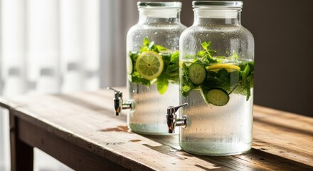 Two glass beverage dispensers with refreshing infused water, sitting on a wooden table