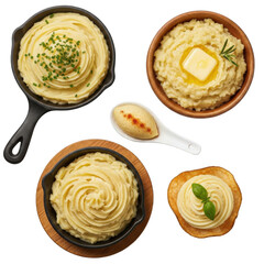Delicious mashed potatoes in various bowls with herbs and butter on a clean white background.
