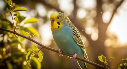 Vibrant budgie perched on a branch, bathed in golden sunlight, with blurred foliage