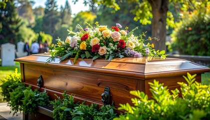 A wooden coffin with a colorful floral arrangement on top