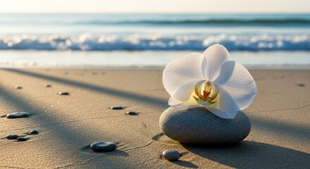 White orchid blooms, resting on a stone at the beach, with ocean waves in the background