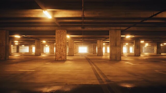 An empty parking garage bathed in warm light with large concrete columns and dim illumination