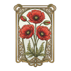 Vibrant red poppies embroidered in a decorative gold frame with intricate details.