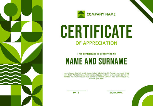 Ecology environment certificate of appreciation with green geometric pattern, vector template. Diploma or appreciation certificate for company achievement in green technology or nature eco environment