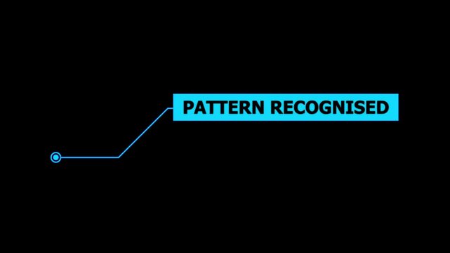 Animation of HUD elements with text Pattern Recognised. Animate a white callous for text. HUD elements on black background. Futuristic callout titles. Virtual sci fi textbox for HUD.