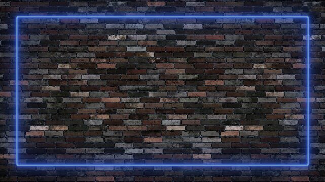 blue led lamp neon lights frame on brick pattern wall animation ,abstract technology and streaming blank social media motion background
