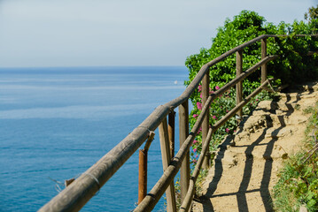 Fototapeta premium A wooden railing guides visitors along a winding coastal path, offering stunning ocean views