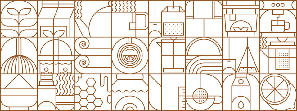 abstract geometric tea drink pattern with linear tea and coffee beverage, cups, kettles, machines, citrus or honey and leaves arranged in grid. Vector retro modern background for kitchen or cafe decor