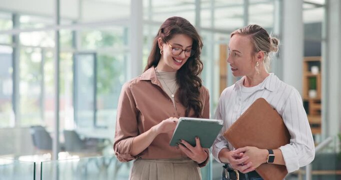 Planning, discussion and women with tablet in creative agency, article pitch or feature inspiration. Smile, draft proofreading or manager talk with journalist for teamwork, tech or explain story idea