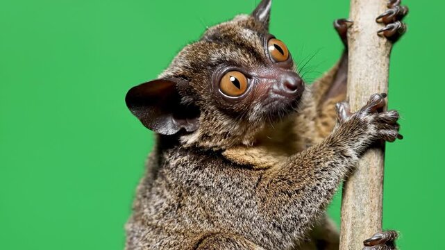 A small, wide-eyed tarsier primate clinging to a tree branch against a vibrant green background, showcasing its unique features.
