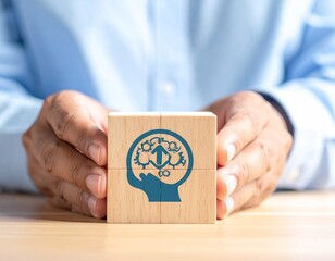 Hands cradle wooden blocks with human head and gears