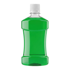 A green plastic bottle with a white cap, containing a green liquid, on a white background.