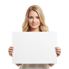 A blonde woman holding a blank white sign with a friendly smile.