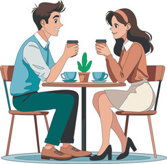 A young couple enjoys a casual coffee date in a modern setting, surrounded by simple decor and a small plant. They are smiling and engaged in conversation, creating a warm and relaxed atmosphere. This
