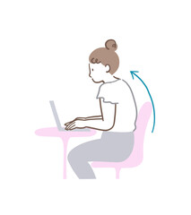 猫背で椅子に座ってパソコンを操作する女性のイラスト素材