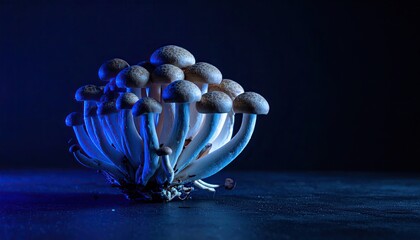 Cluster of delicate mushrooms bathed in dramatic blue light