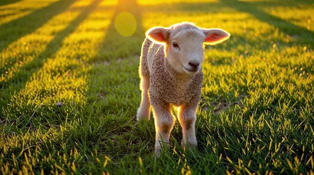 A small white lamb at dawn in a green meadow.