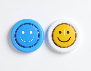 Two circular buttons, blue and white, with smiley faces