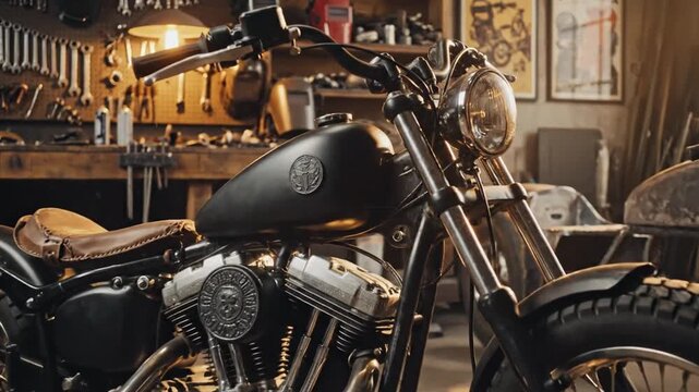 Custom Motorcycle In Workshop.