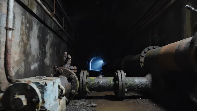 A dark, damp tunnel with large pipes, puddles, and a light at the end. Steam rises