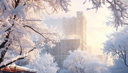 Soft winter light bathes a snow-covered building and trees