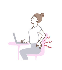 座りっぱなしのパソコン作業で腰が痛い女性のイラスト素材