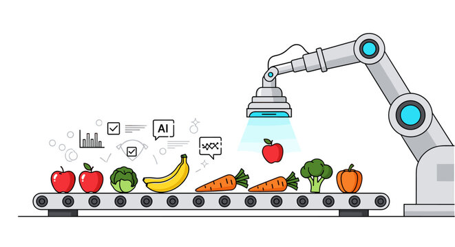 Automated robotic arm sorting fresh fruits and vegetables on a conveyor belt, illustrating modern food processing and smart agriculture technology.