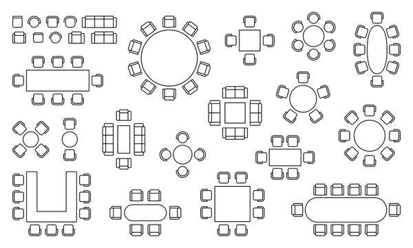 Conference, event, cafe and restaurant seat plan with various banquet and meeting tables and chairs. Flexible event seat planning options for wedding and business events