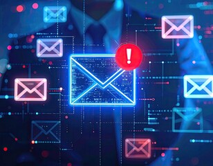Glowing digital mail icons surround a person in a suit