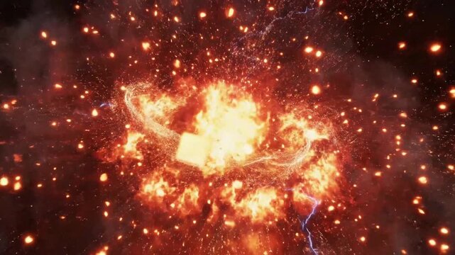 fiery explosion with lightning, energy blast, firestorm