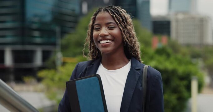 Face, black woman and lawyer with folder in city for career pride, about us and legal document. Portrait, female attorney and smile with ambition, evidence file and witness statement for court case
