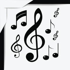 Fototapeta premium Black vector graphic collection of musical notes and symbols, including treble clef, bass clef, and rhythmic notations, perfect for music-themed design