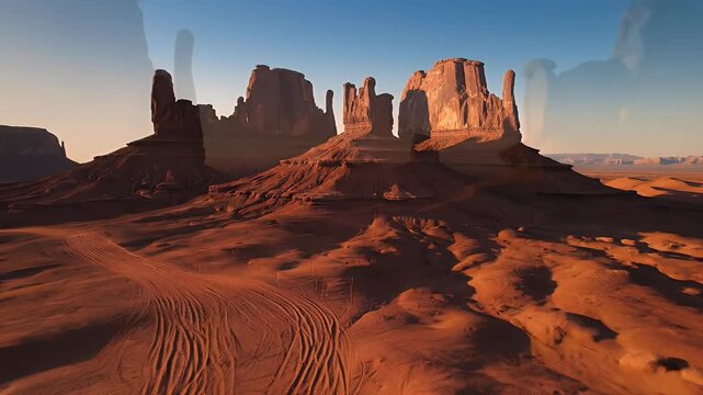 Desert landscape with large, reddish sandstone buttes under a blue sky at sunset