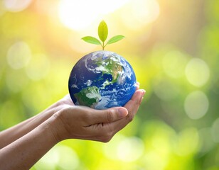 Gentle hands cradle Earth with new growth reaching skyward