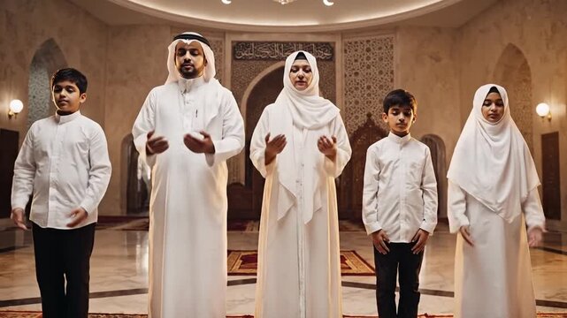 Muslim family standing together and praying inside a mosque for spiritual reflection suitable for religious cultural marketing campaigns.