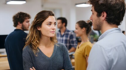 Obraz premium Colleagues engaged in a professional conversation within a modern office environment