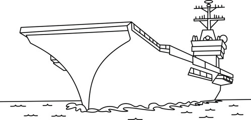 Detailed black and white illustration of a large aircraft carrier ship sailing in the ocean, naval vessel, military ship, sea transport, ocean waves © MSTMAFRUJA