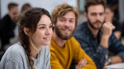 Obraz premium Young adults engaged in a collaborative learning session attentive and focused in a bright indoor environment