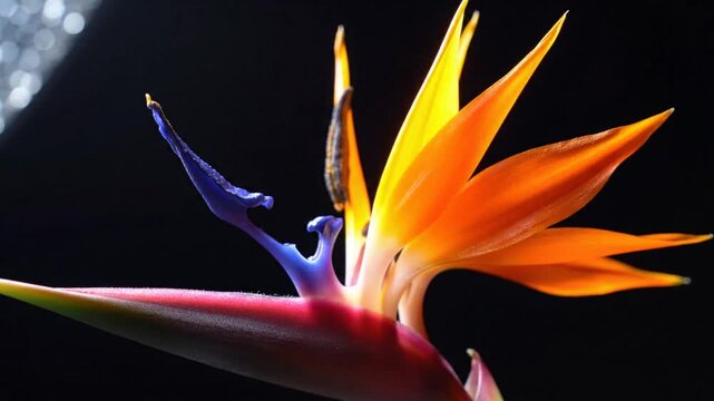 Close-up of a vibrant bird of paradise flower with contrasting colors against a dark background