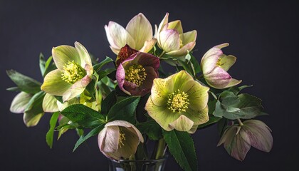 Delicate hellebores with vibrant petals and green foliage