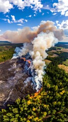 Aerial view of volcanic eruption with smoke and lava