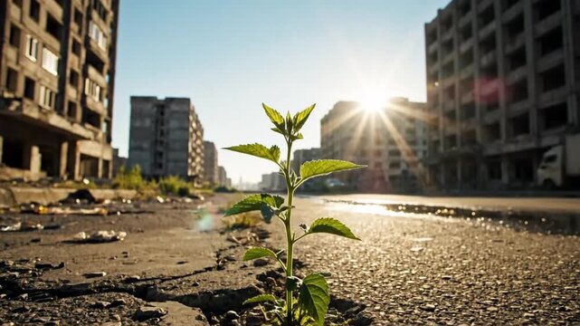 Small plant growing in cracked pavement amidst dilapidated buildings under bright sunlight, symbolizing resilience and hope.