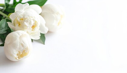 Soft white blossoms with green leaves on a white background
