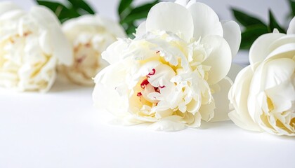 Delicate white peonies with crimson accents, soft lighting