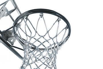 Closeup of a basketball hoop with net isolated on transparent background for sports and fitness concepts