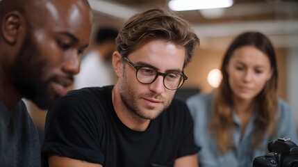 Fototapeta premium A diverse group of professionals collaborating intently on a project in a modern office setting discussing ideas and sharing insights