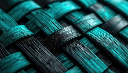 Interwoven teal and black fibers, close-up texture